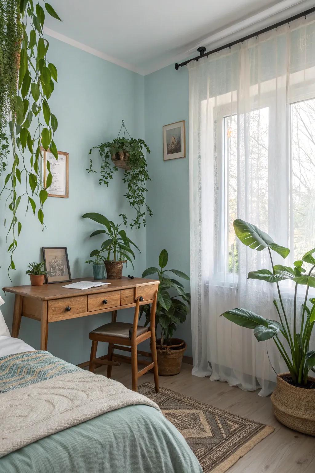 A bedroom with light blue walls incorporates natural elements for a tranquil atmosphere.