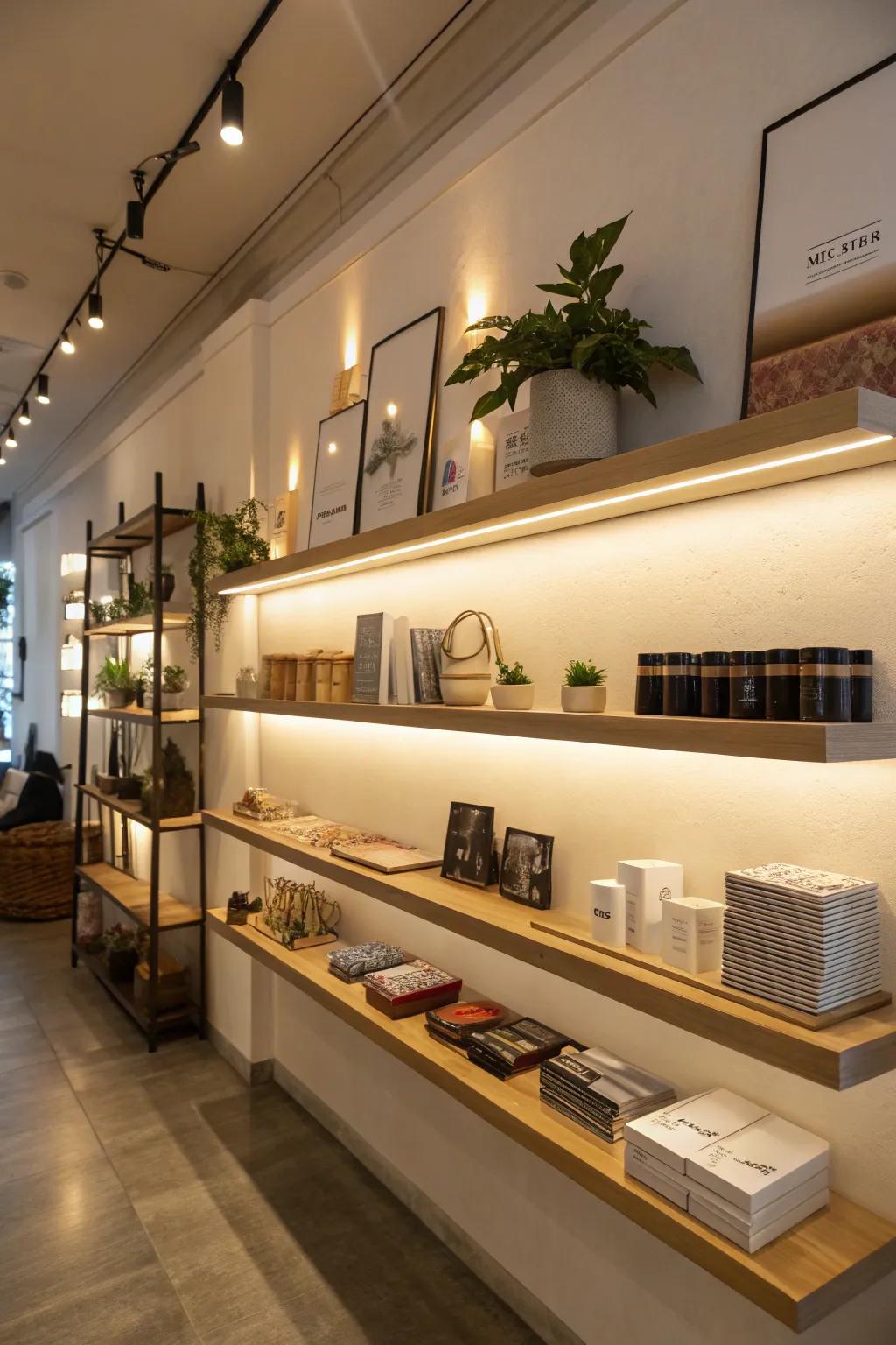 Floating shelves brought to life by subtle lighting.