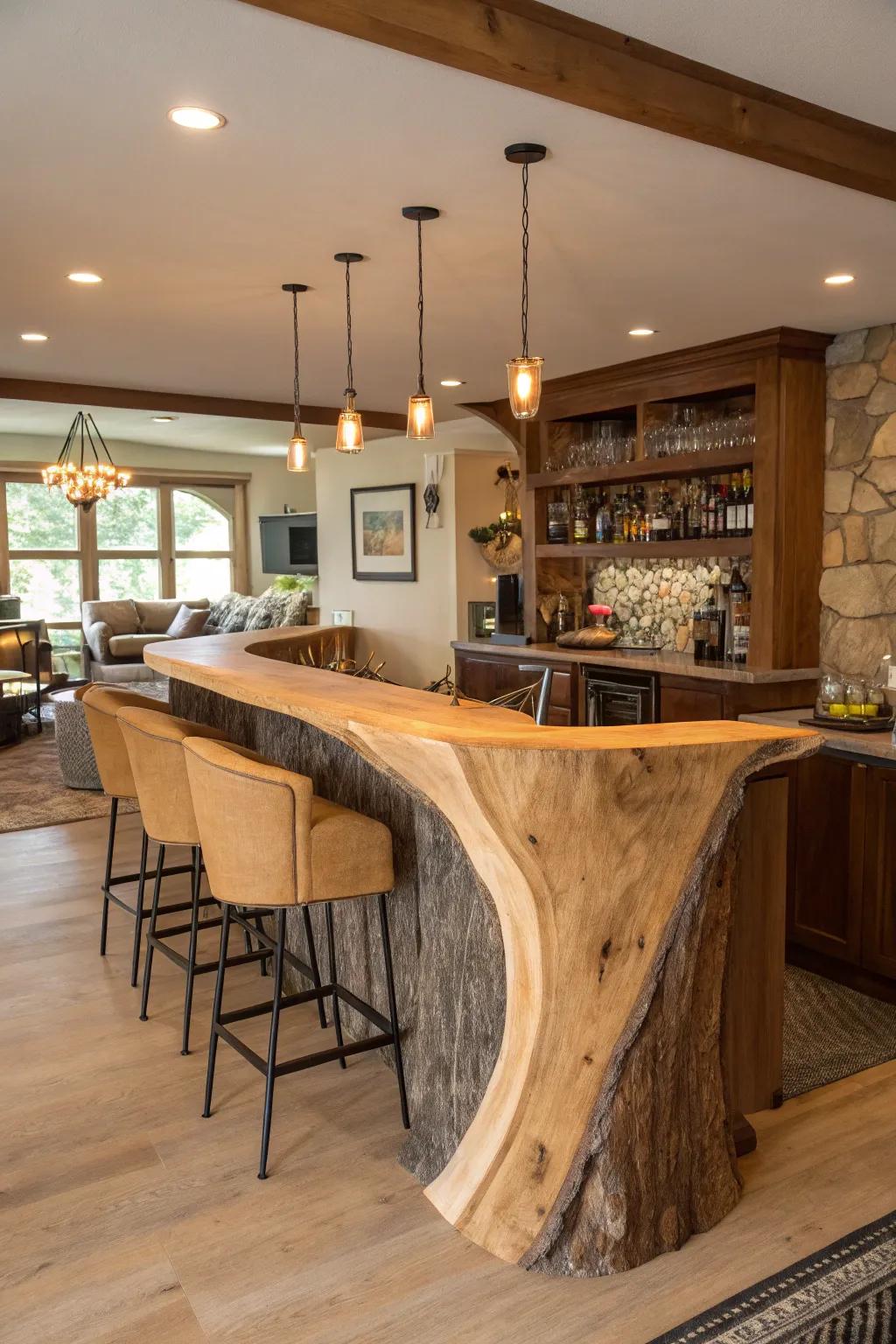 An unpredicted live edge bar shape that adds a creative twist to a home bar.