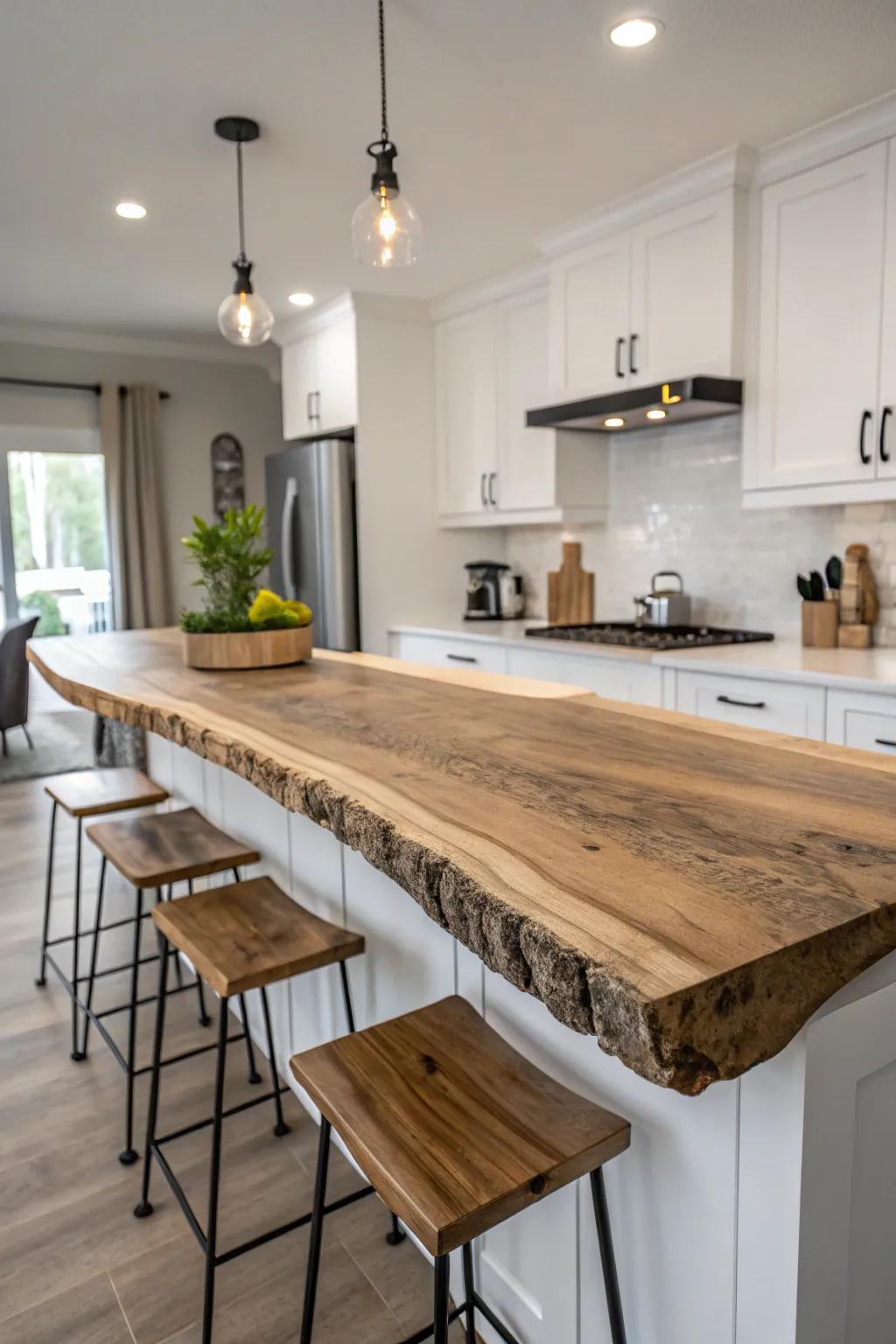 A floating natural-edge worktop enhancing a modern touch to a cooking area.