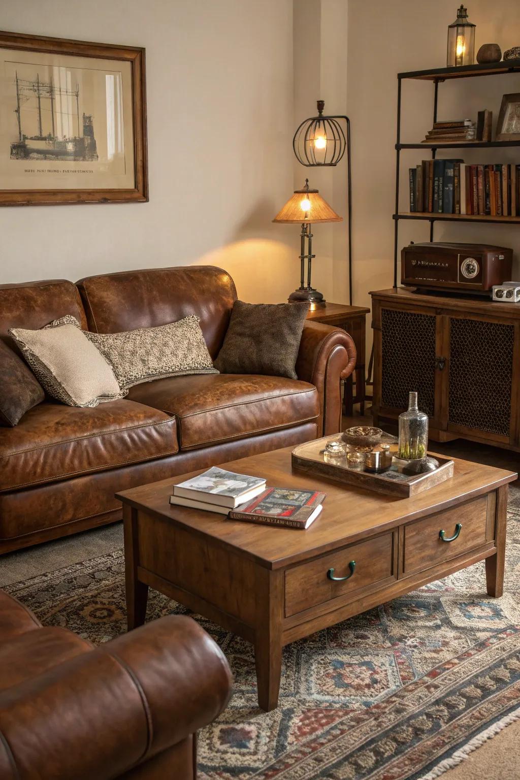 Timeless hide couch for a classic look.