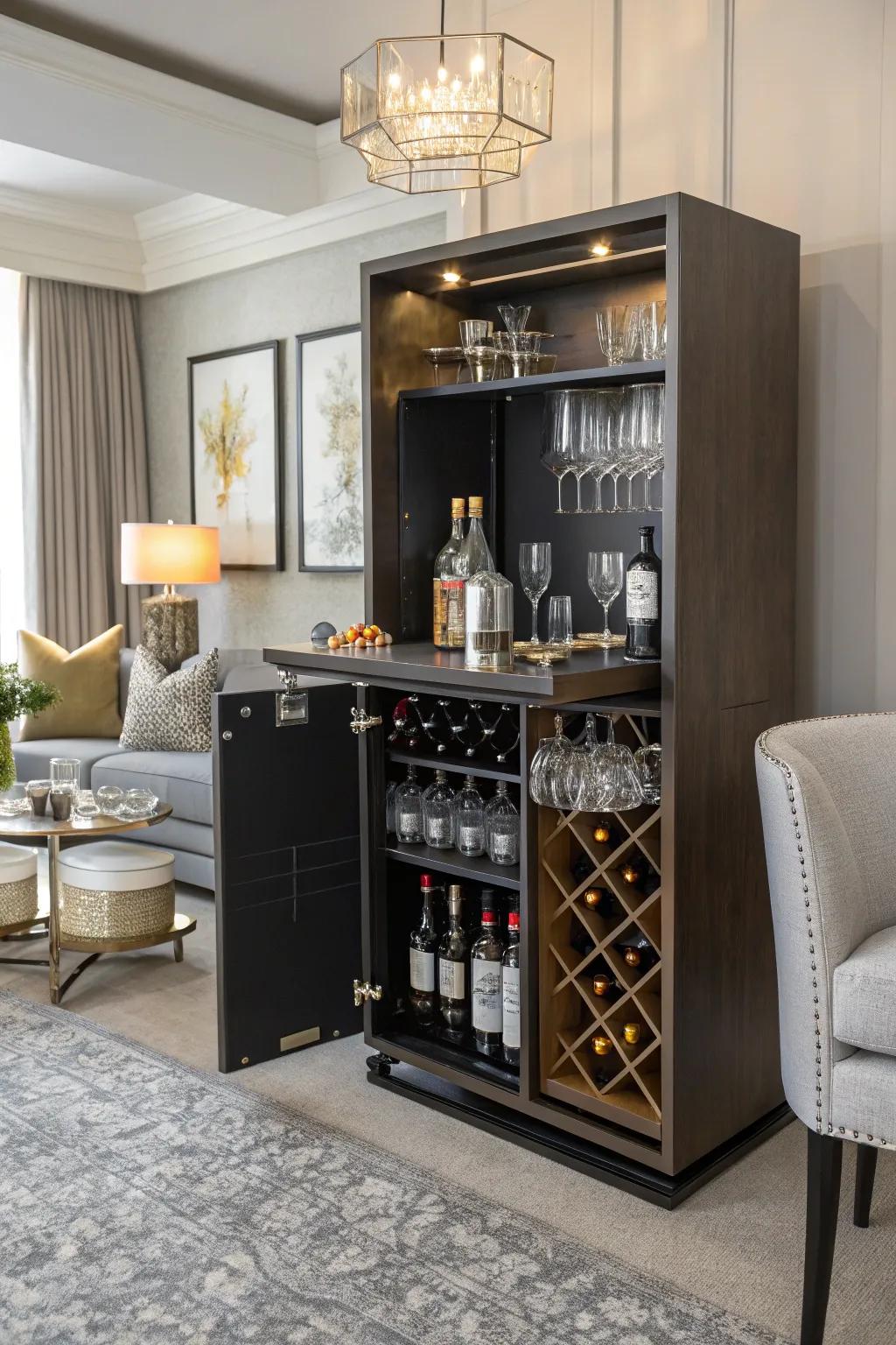 A chic small-scale home bar employing modular storage for stylish entertainment.