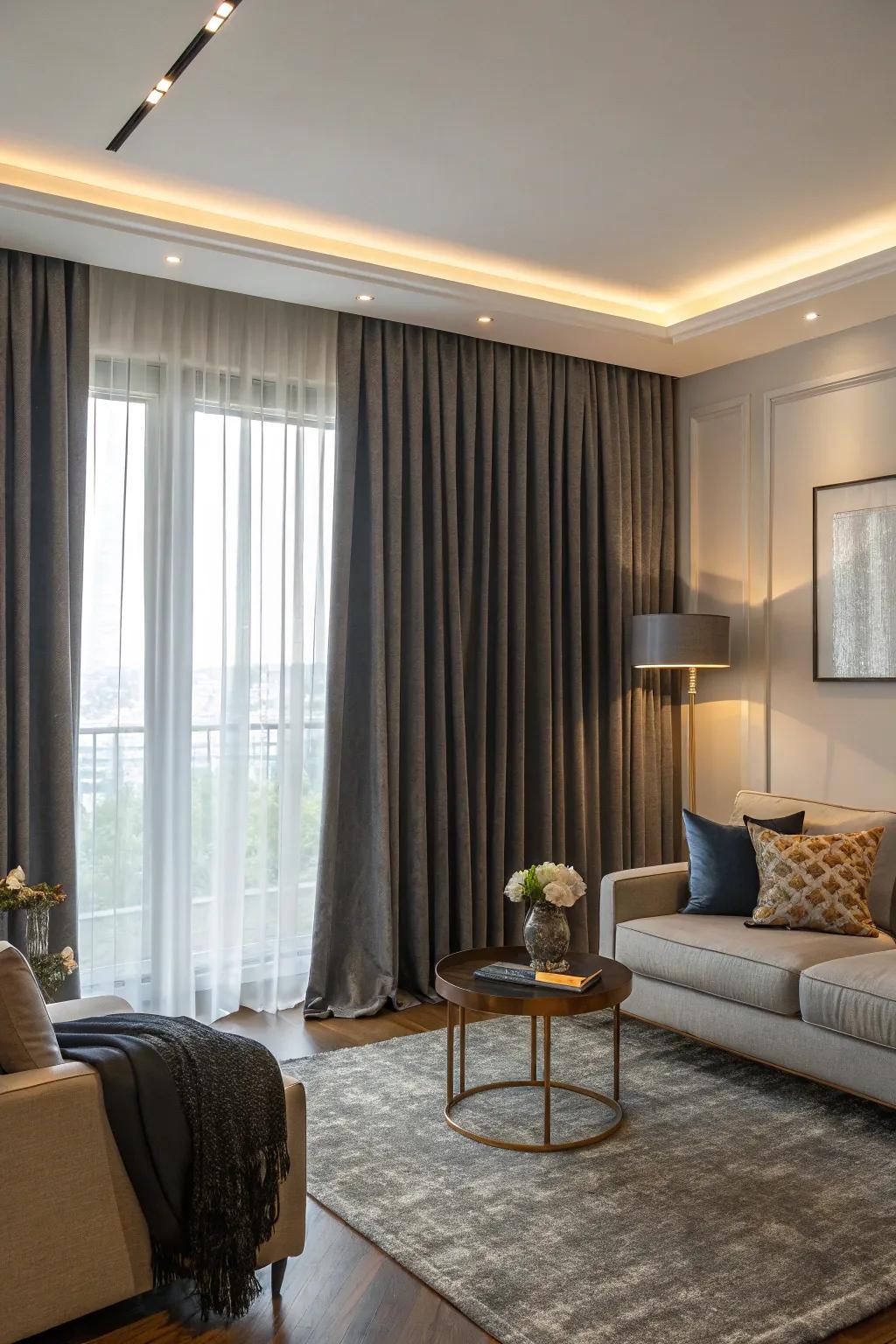 Light blocking curtains ensure privacy and control over light.