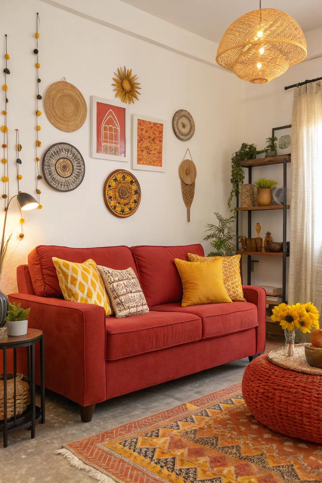 Analogous colors produce warmth and harmony, which enhances the welcoming atmosphere of the crimson sofa.