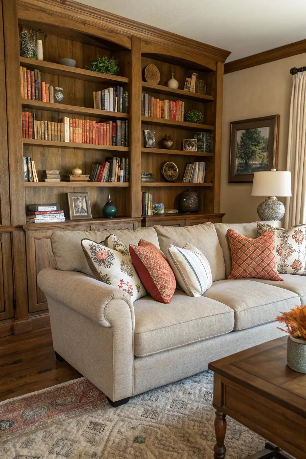 A bookshelf behind the sectional adds functionality and charm.