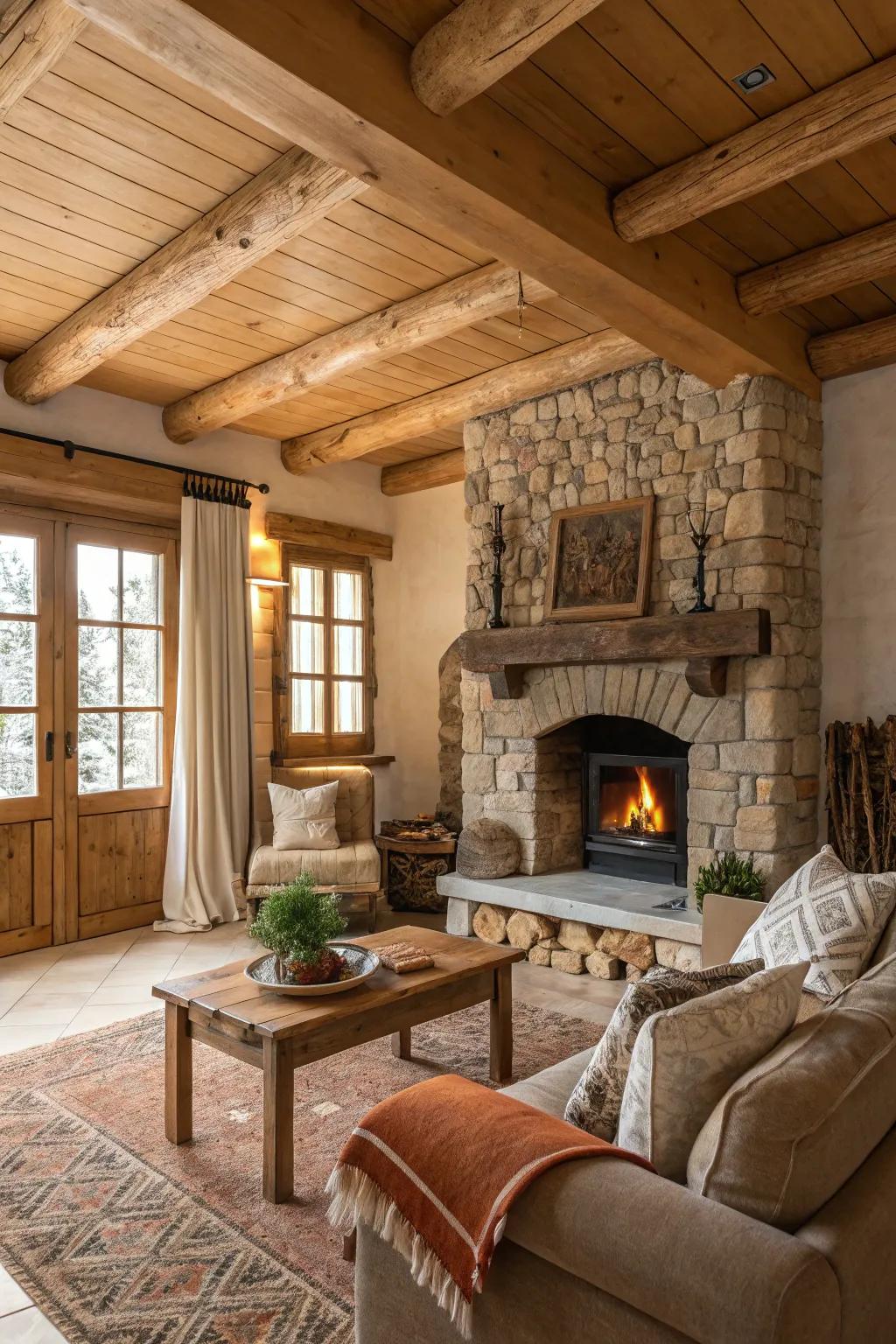 A country living room with a cozy fireplace and timber accents.