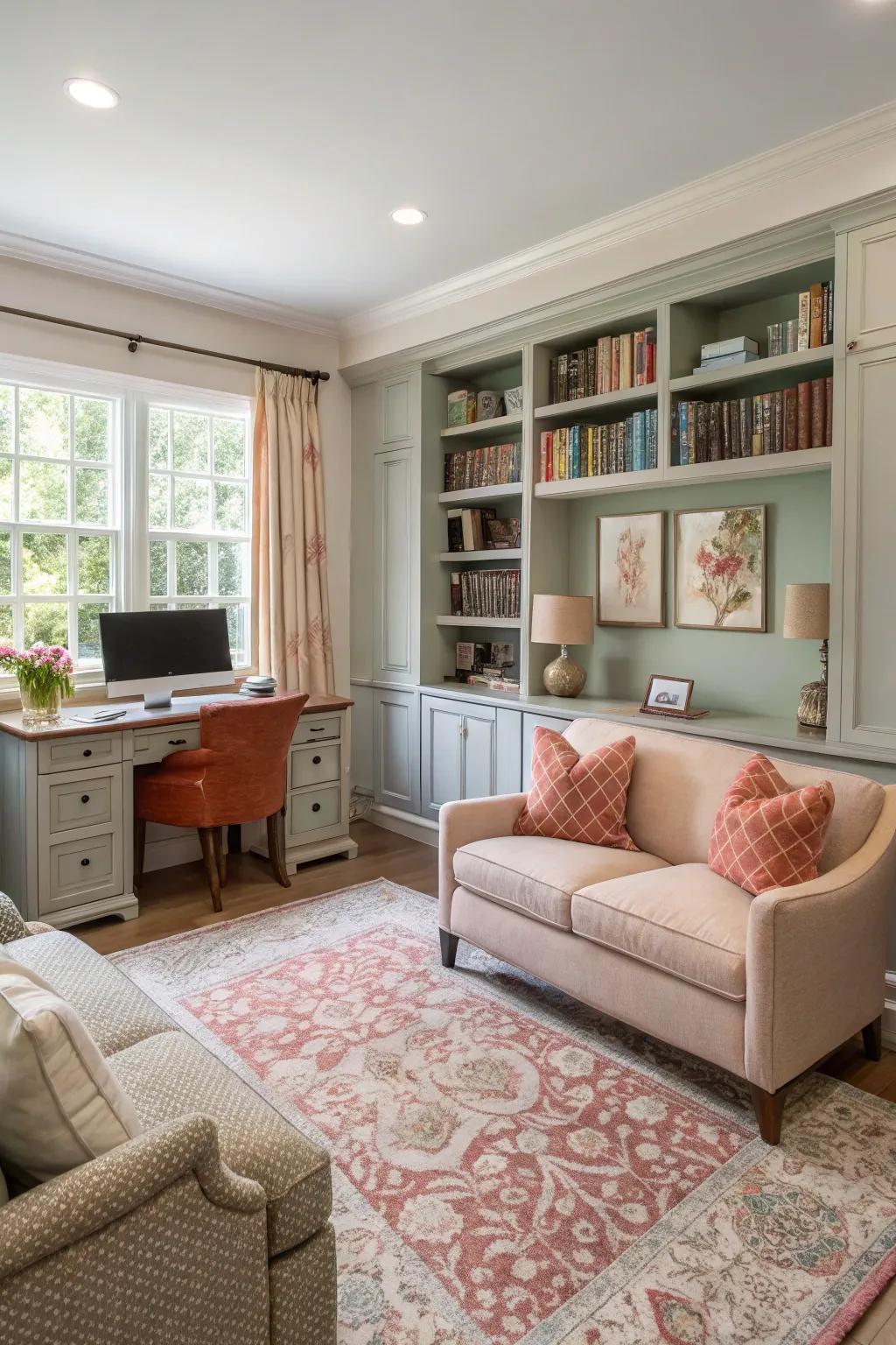 A balanced color plan joins the living room and office.