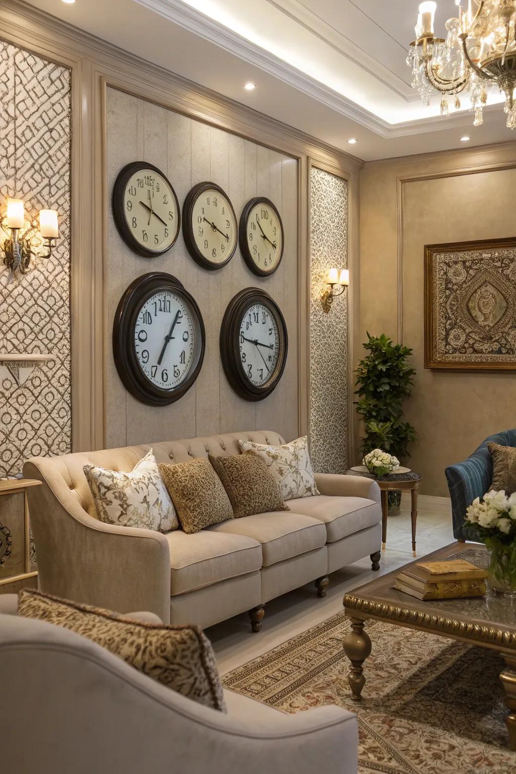 Multiple clocks showing different global times introduce a cosmopolitan touch.