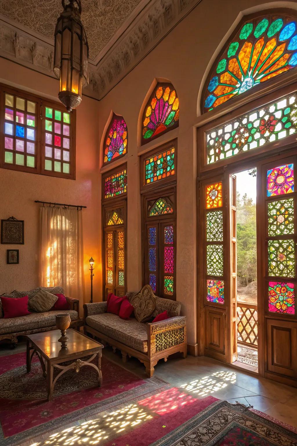 Stained glass windows add a dash of color and artistry.