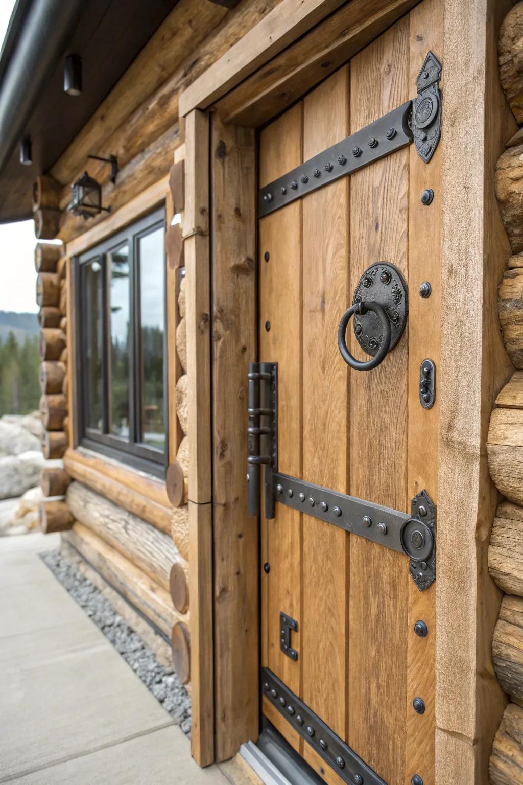 Log cabin door featuring industrial metal features.