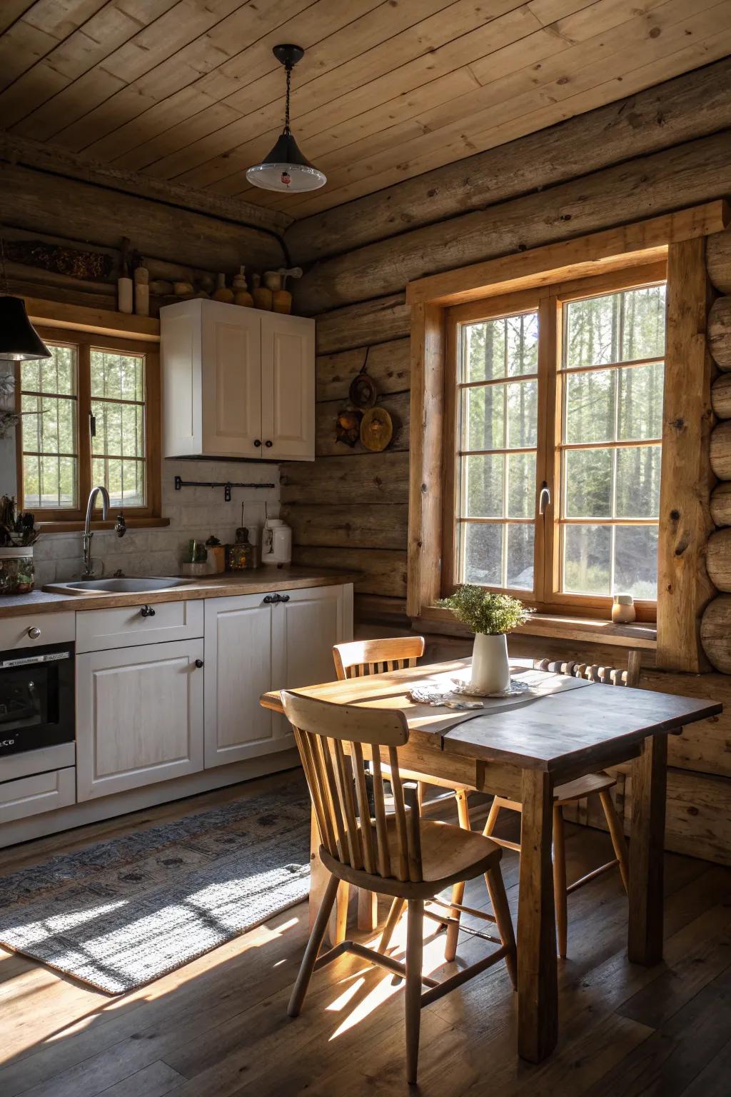 A harmonious intermingling of bright and shadowed woods infuses magnitude into this cooking space.