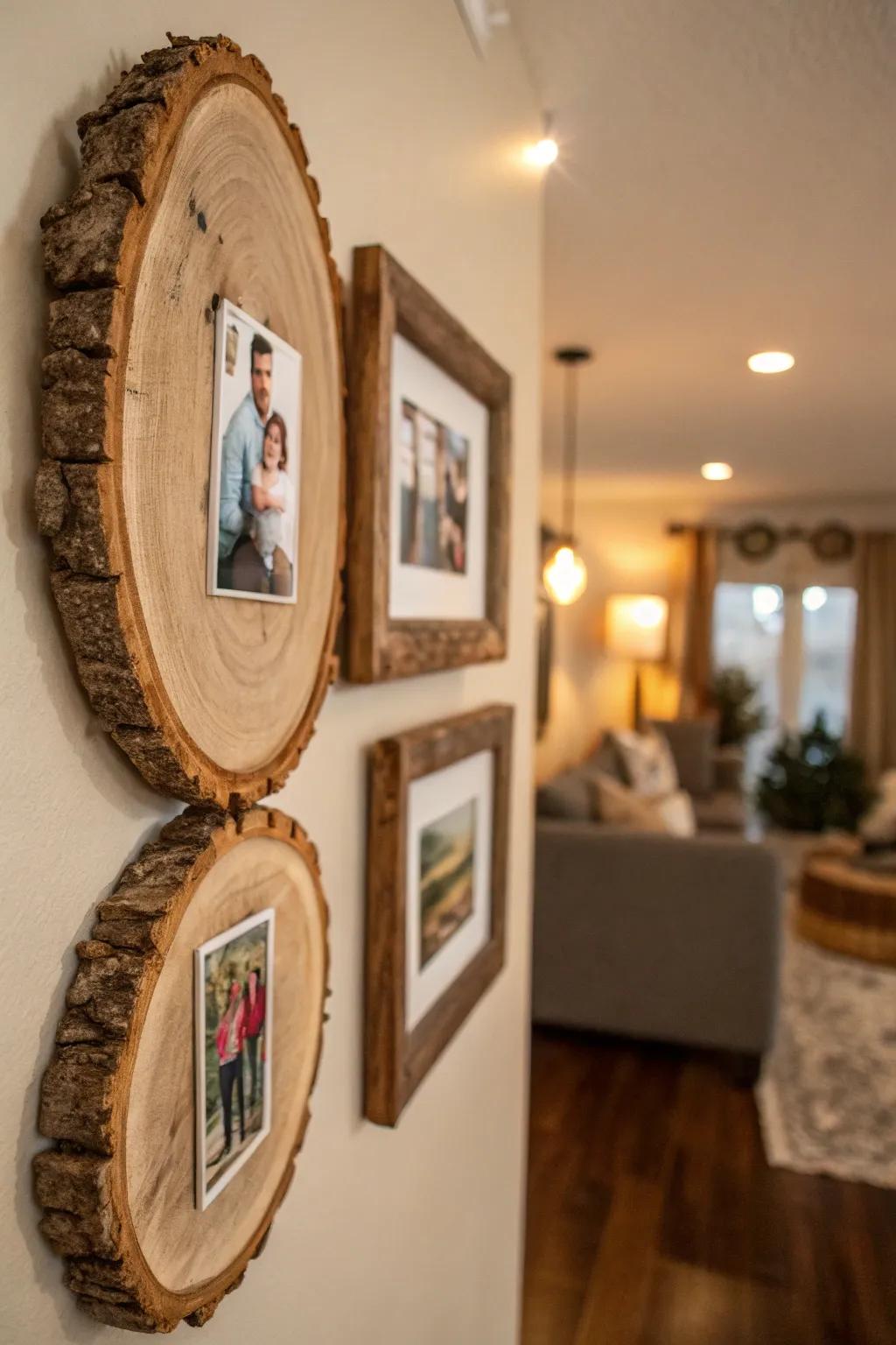 Picture frames made from log slices displaying family photographs.