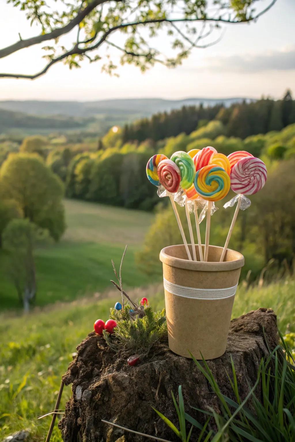 An environmentally safe candy pop posy inside a biodegradable container