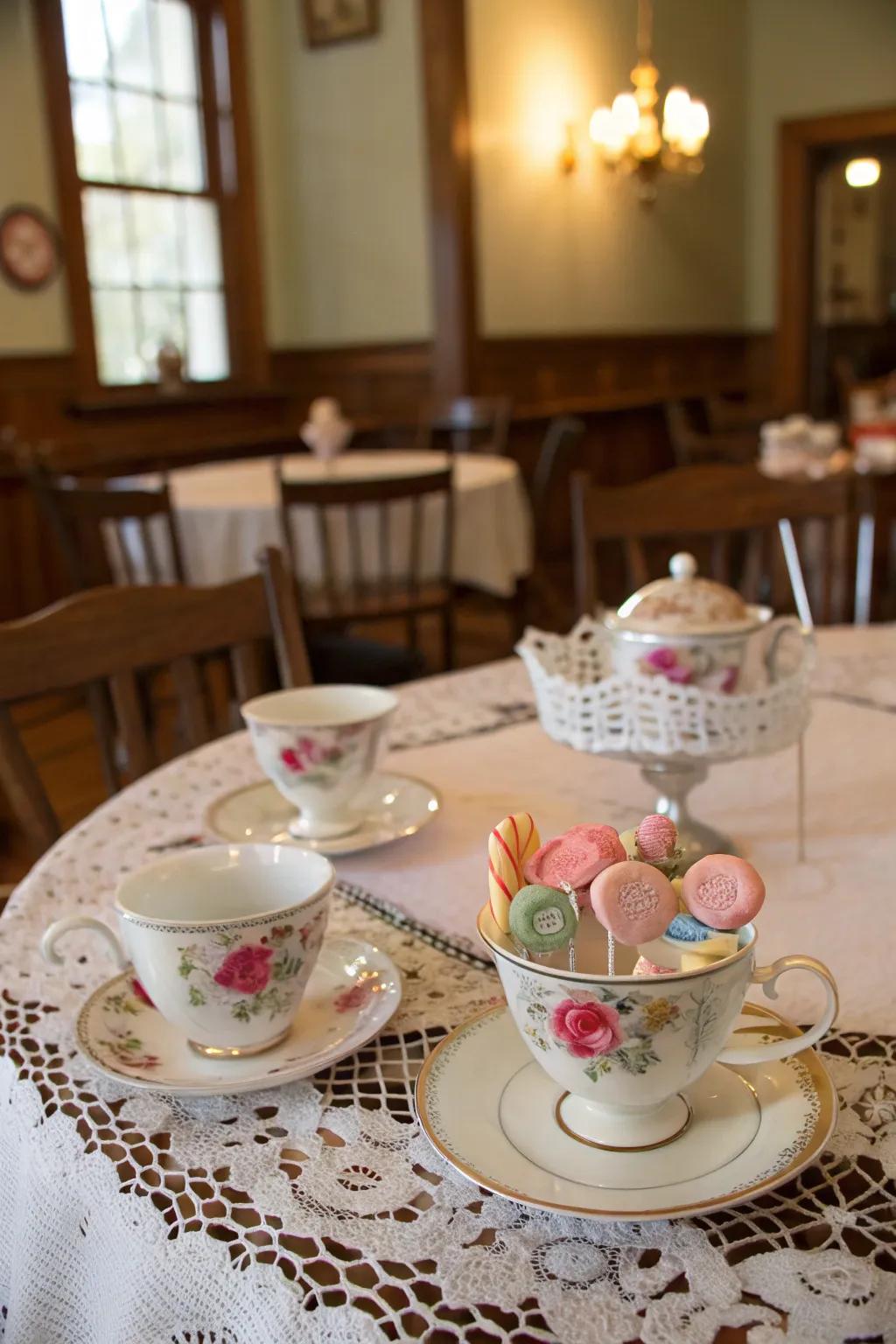 Classic tea service pieces lend an air of sophistication to candy displays.