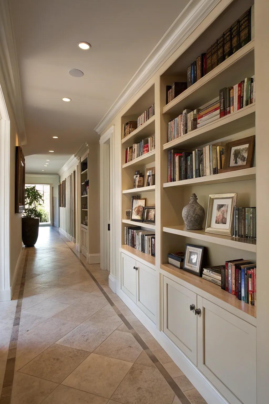 A built-in bookshelf transforms this entryway into a cozy reading corner.
