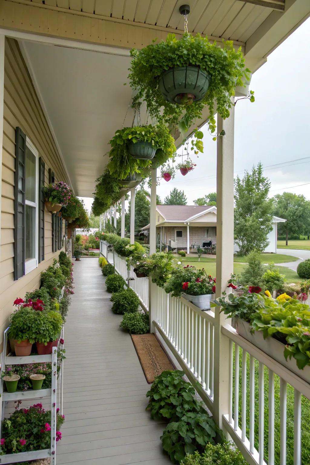 Upward elements like planters and racks add dimension to a porch.