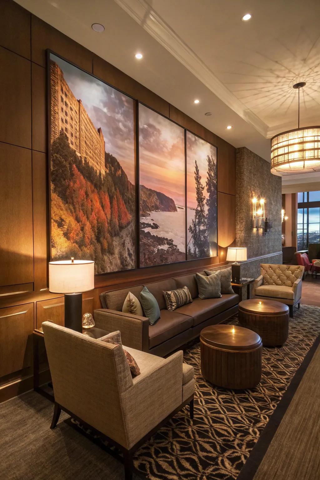 Striking wall art transforms the living room into a visual masterpiece.