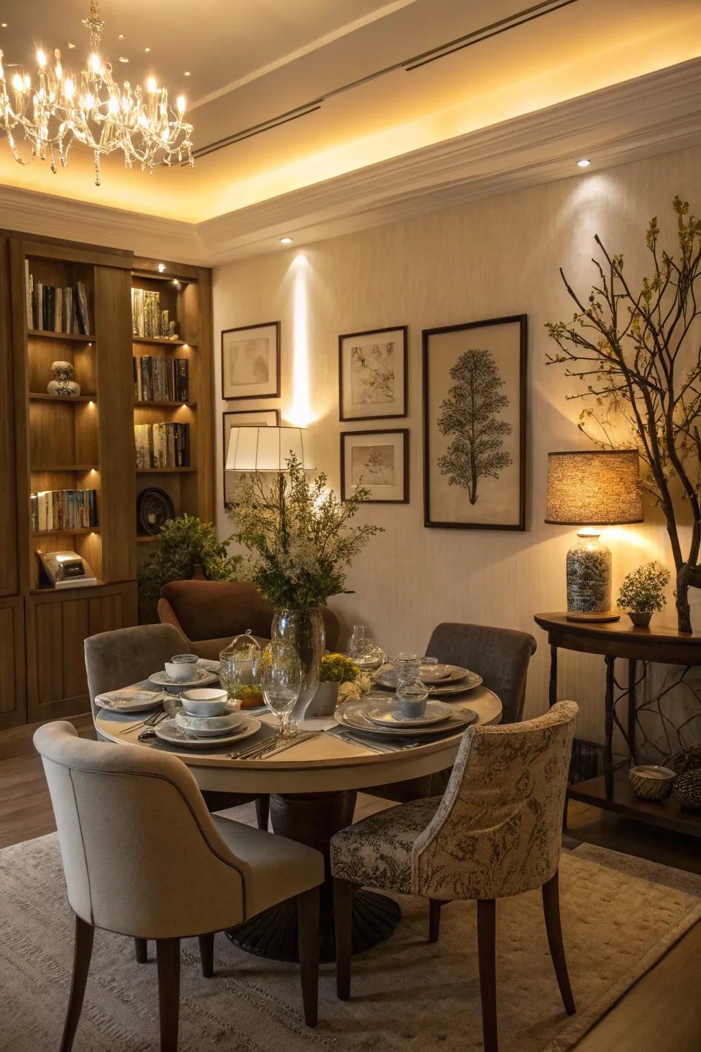 Accent lighting enhances decor in a dining room.