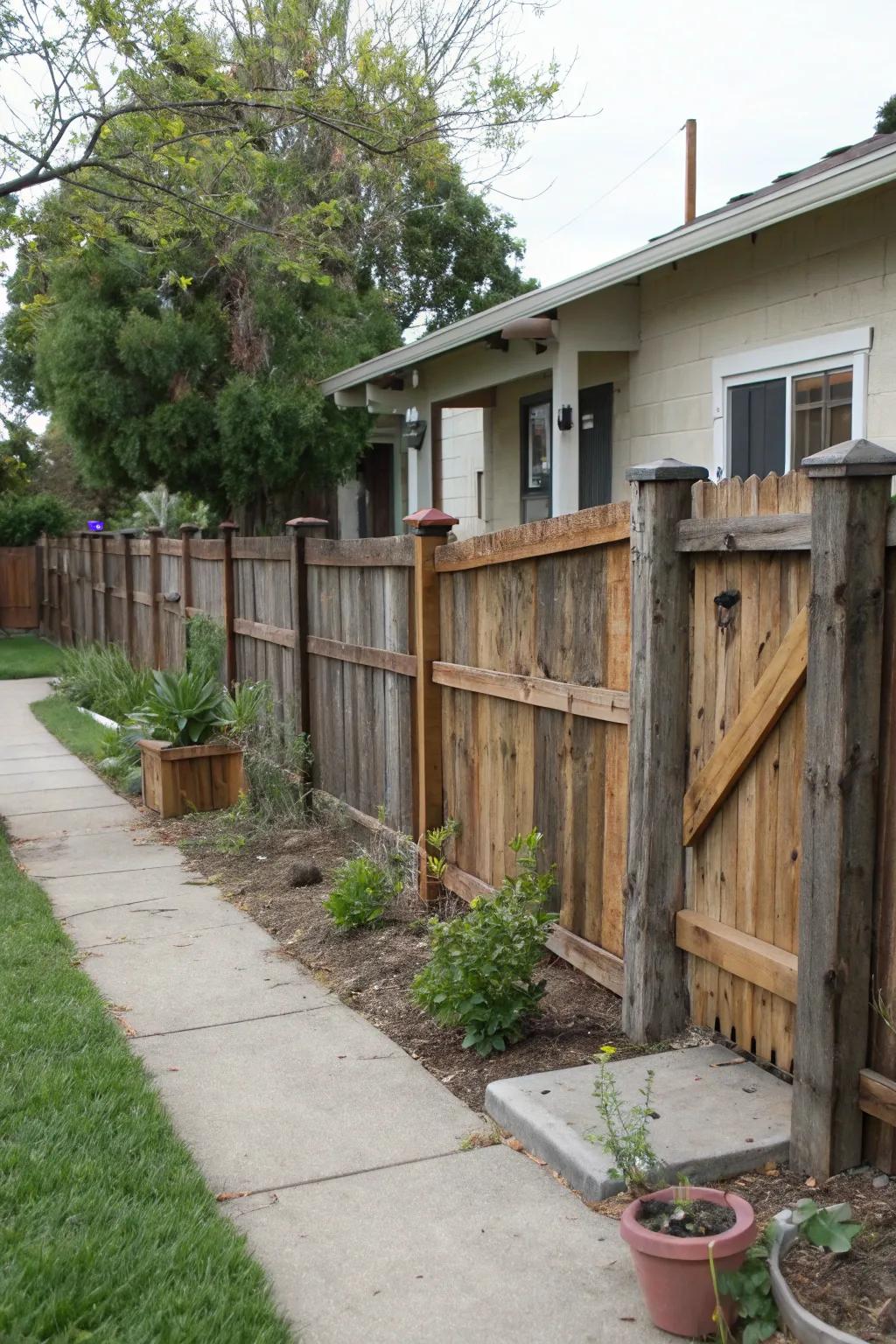 A reclaimed timber barrier brings warmth and character to this front yard.