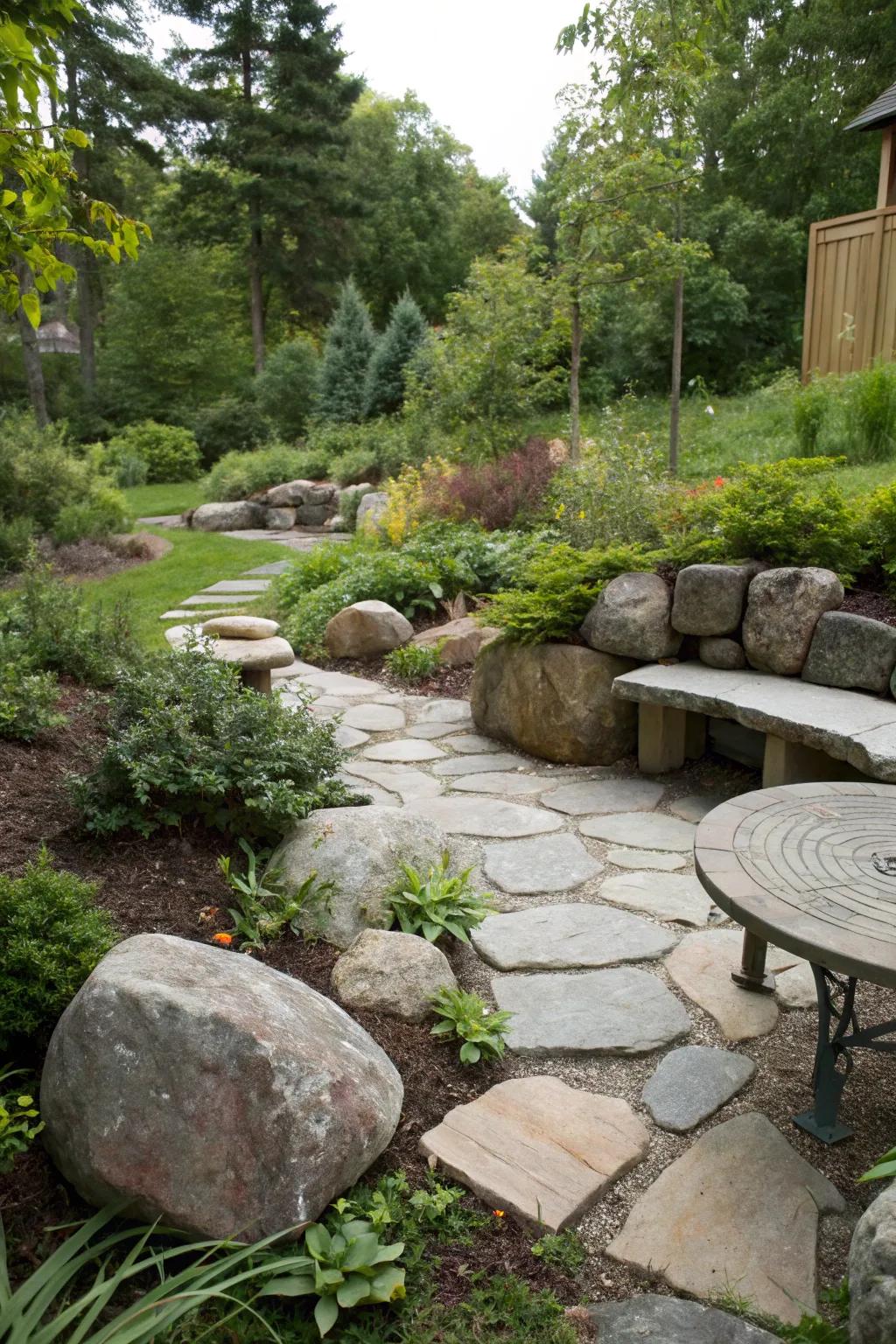 A stone sitting space encourages leisure.