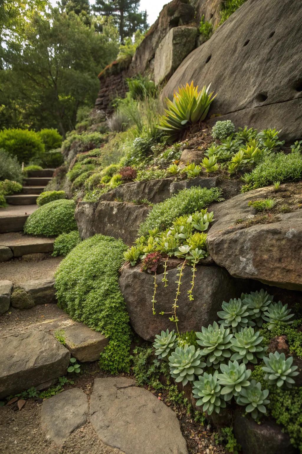 Planting up high makes a rock garden look different.