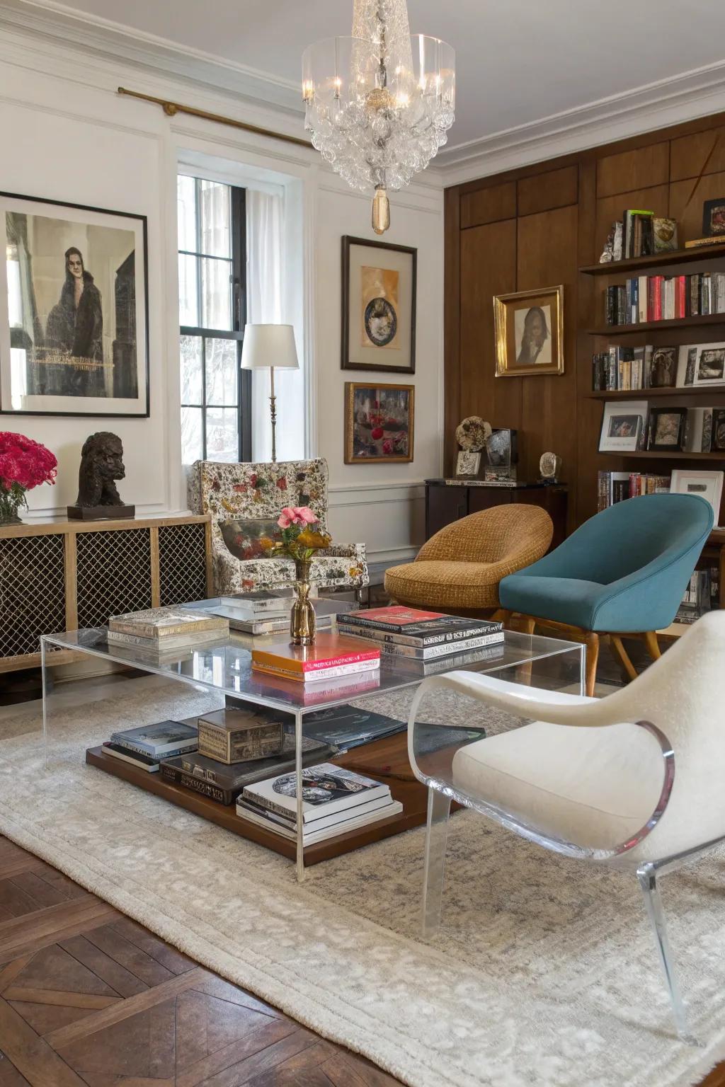 Clear acrylic accents unite varied decor styles.