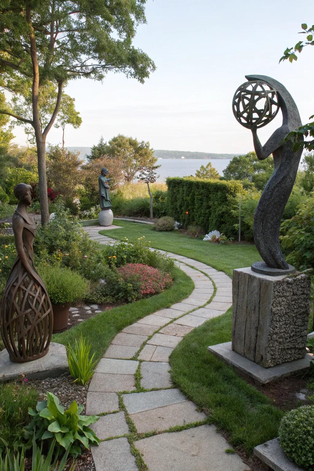 Abstract statues adding artistic flair to the garden.