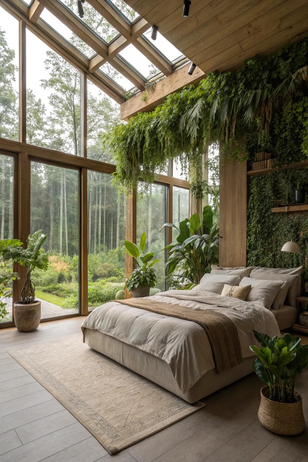 A deluxe bedroom incorporating naturalistic design with houseplants.