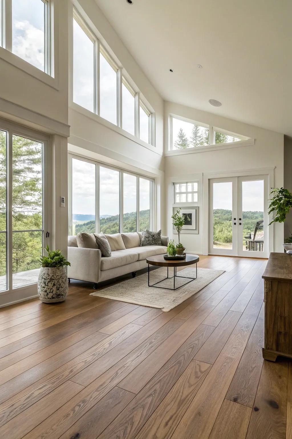 Broad plank hardwood fashions a serene and spacious ambiance.
