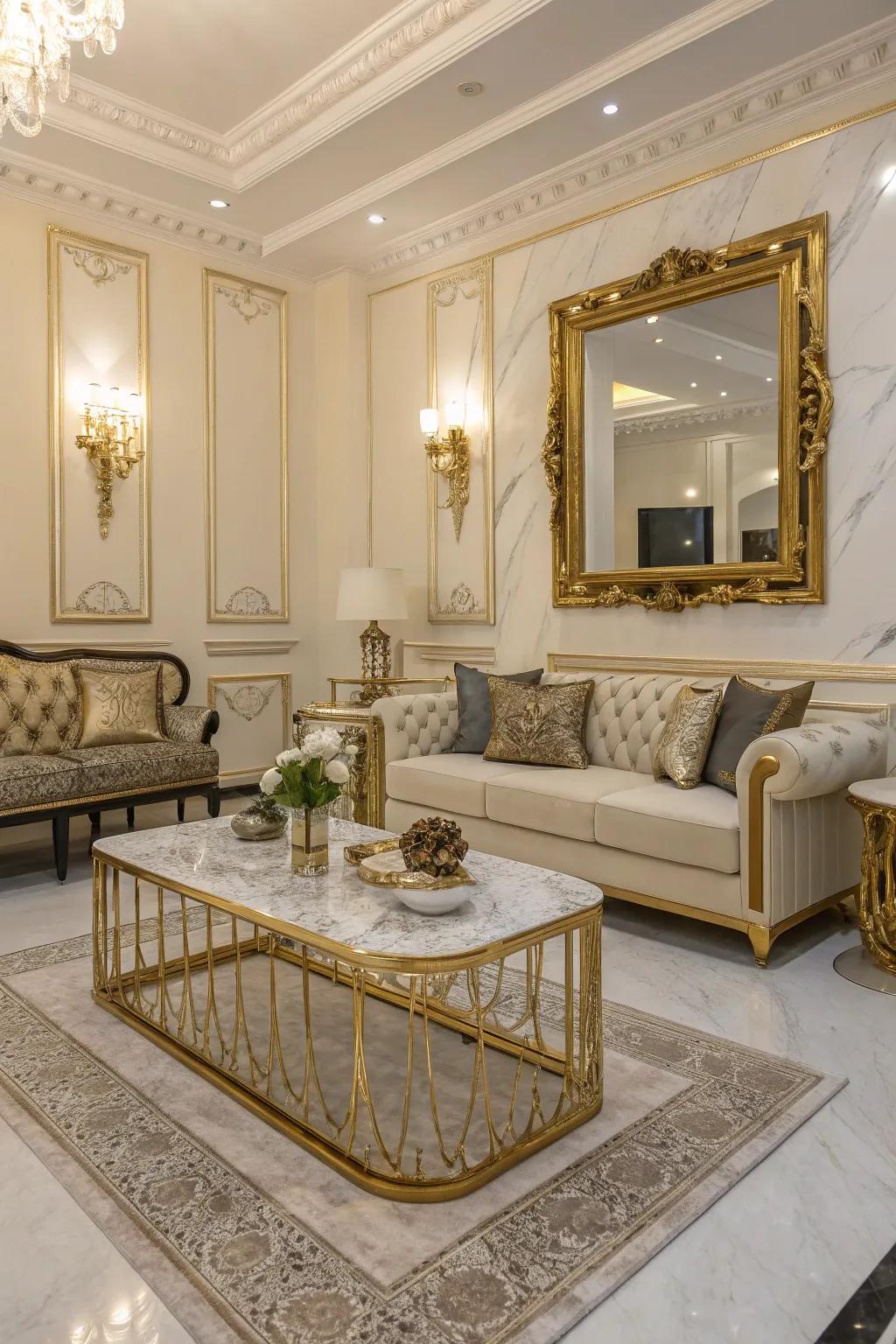 The timeless combination of stone and gold exudes luxury in this living space.