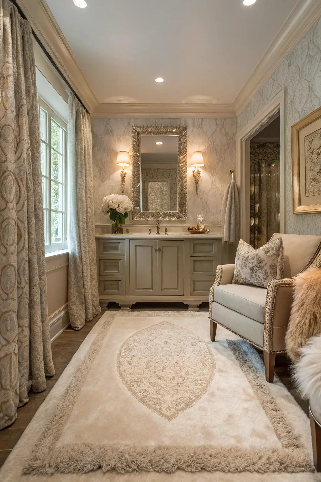 Lavish fabrics inject comfort and warmth into this washroom.