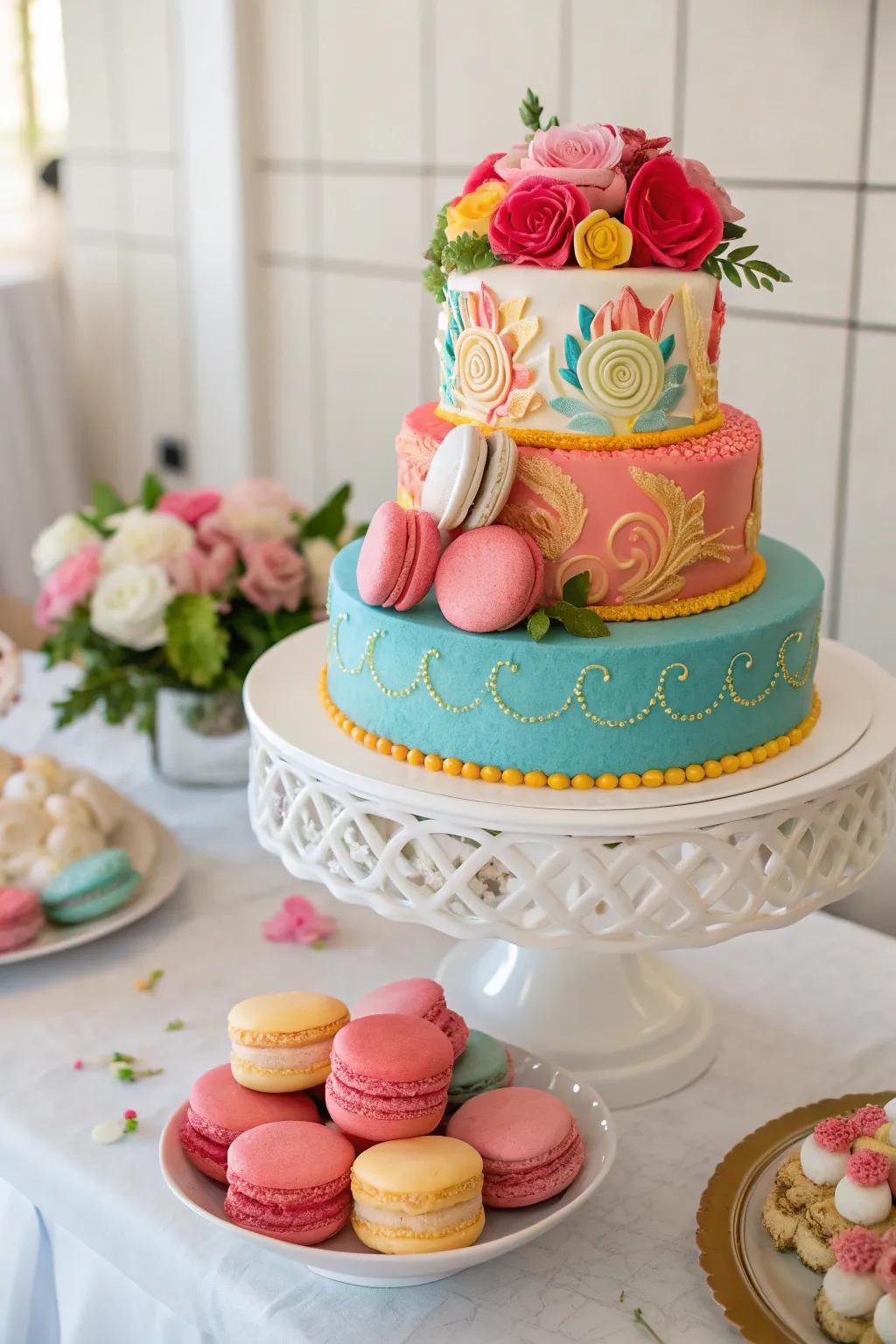 A cake showcasing macarons as ornamental embellishments.