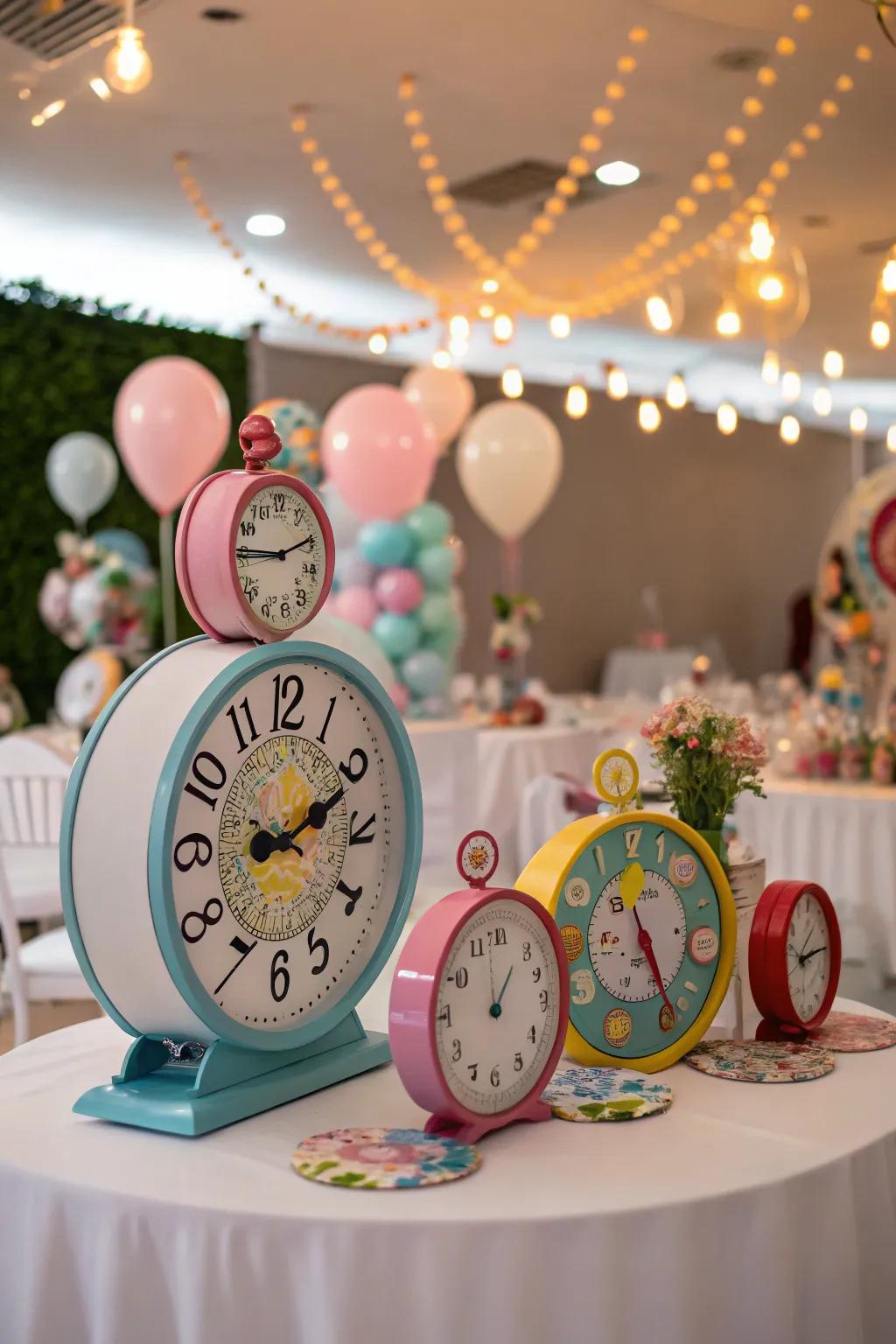 Clocks employed as whimsical centerpieces add a nod to the Mad Hatter's time obsession.