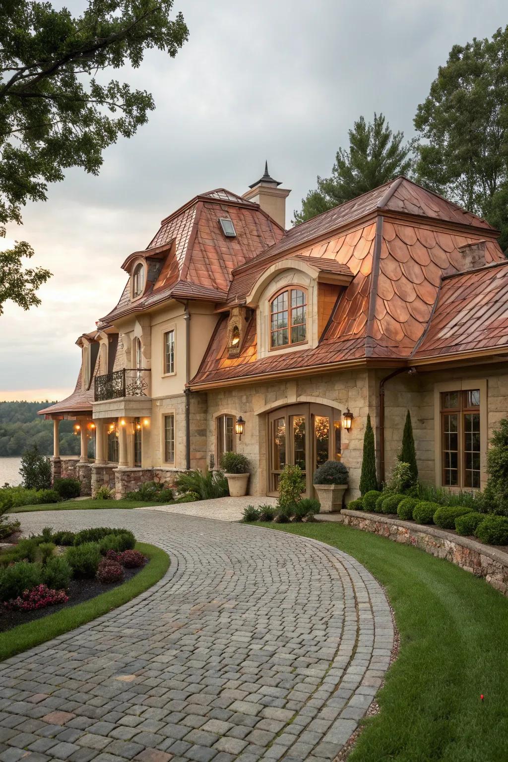 This mansard roof has a luxurious finish thanks to copper roofing.