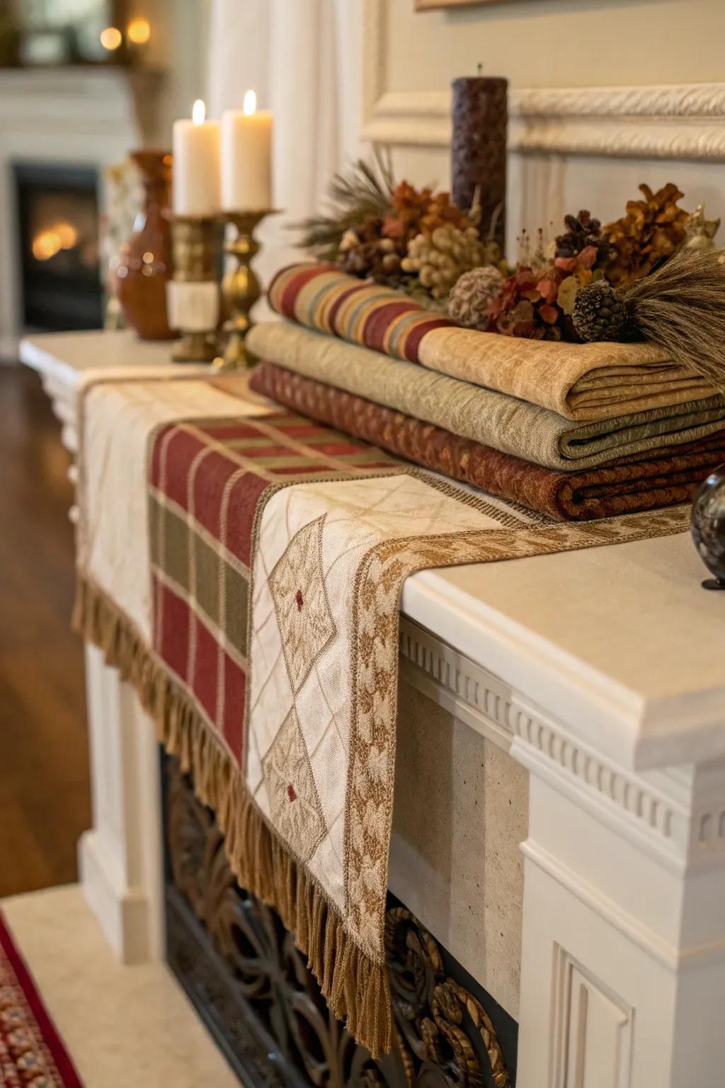 Layered fabrics introduce softness and color to the mantel decor.
