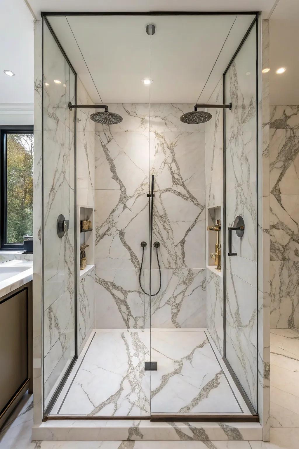 Bookmatched tiles fashion a seamless and artistic visual.