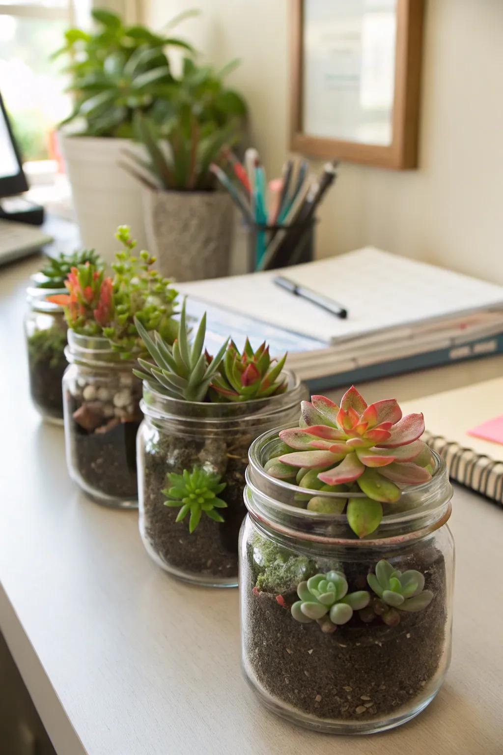 Add modern vegetation with miniature thick leaf gardens in preserving jars.