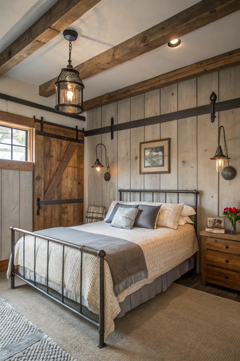 Contemporary spin achieved with factory-inspired details in a farmhouse bedroom