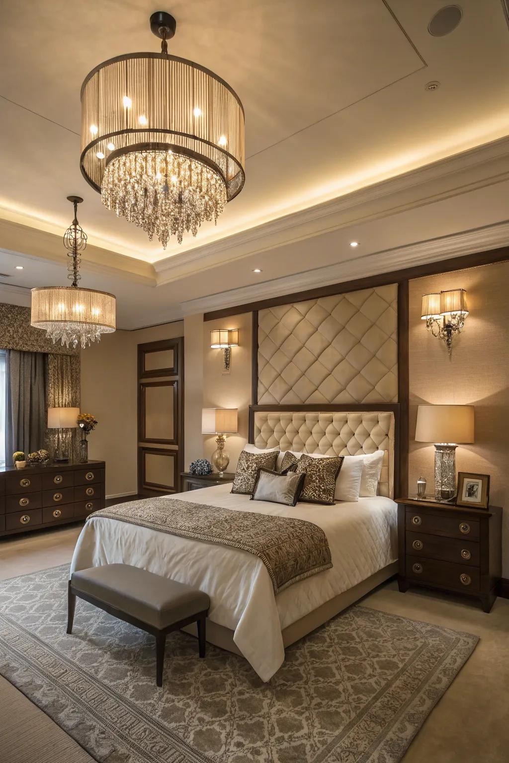 Layered lighting adds depth and practicality to the bedroom.