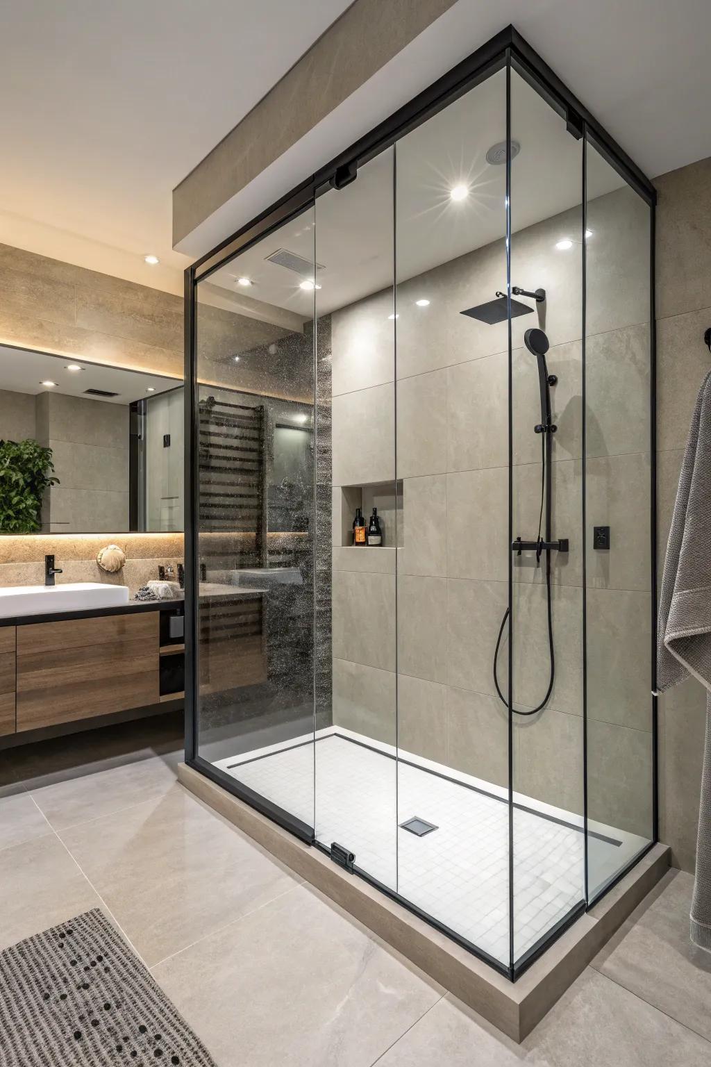 A borderless shower establishes a consistent flow in your bathroom.