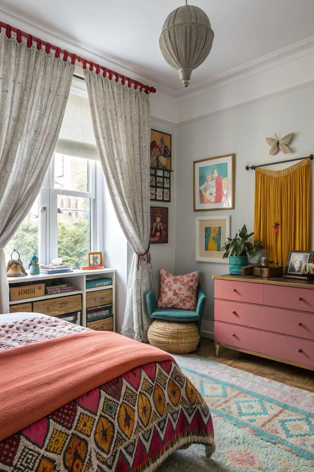 Layered draperies fashion a lavish sensation in this bedroom.
