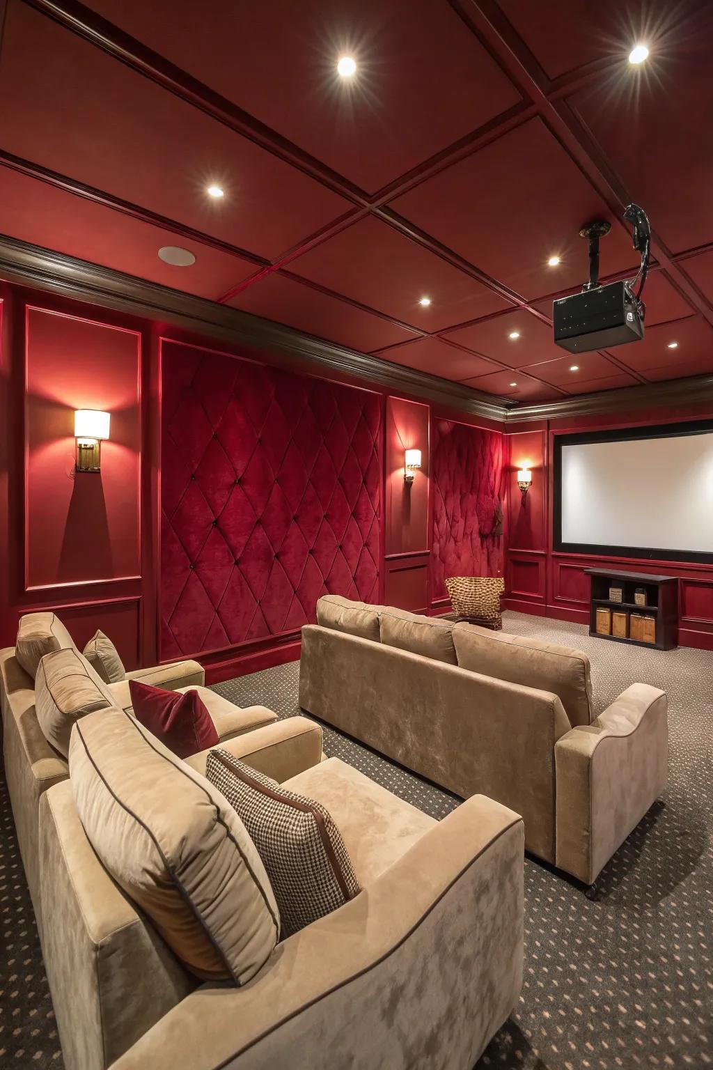 A dramatic media room with deep red walls, echoing classic theater elegance.