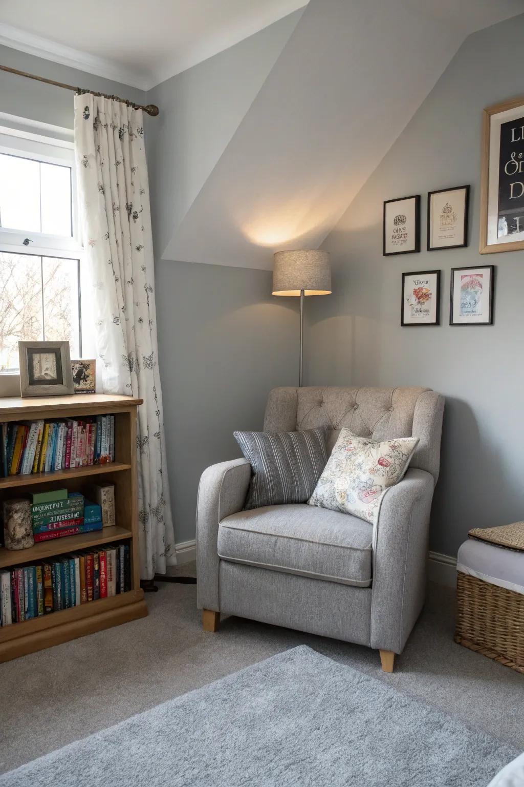 The grey bedroom offers a cozy reading area that's ideal for relaxation.