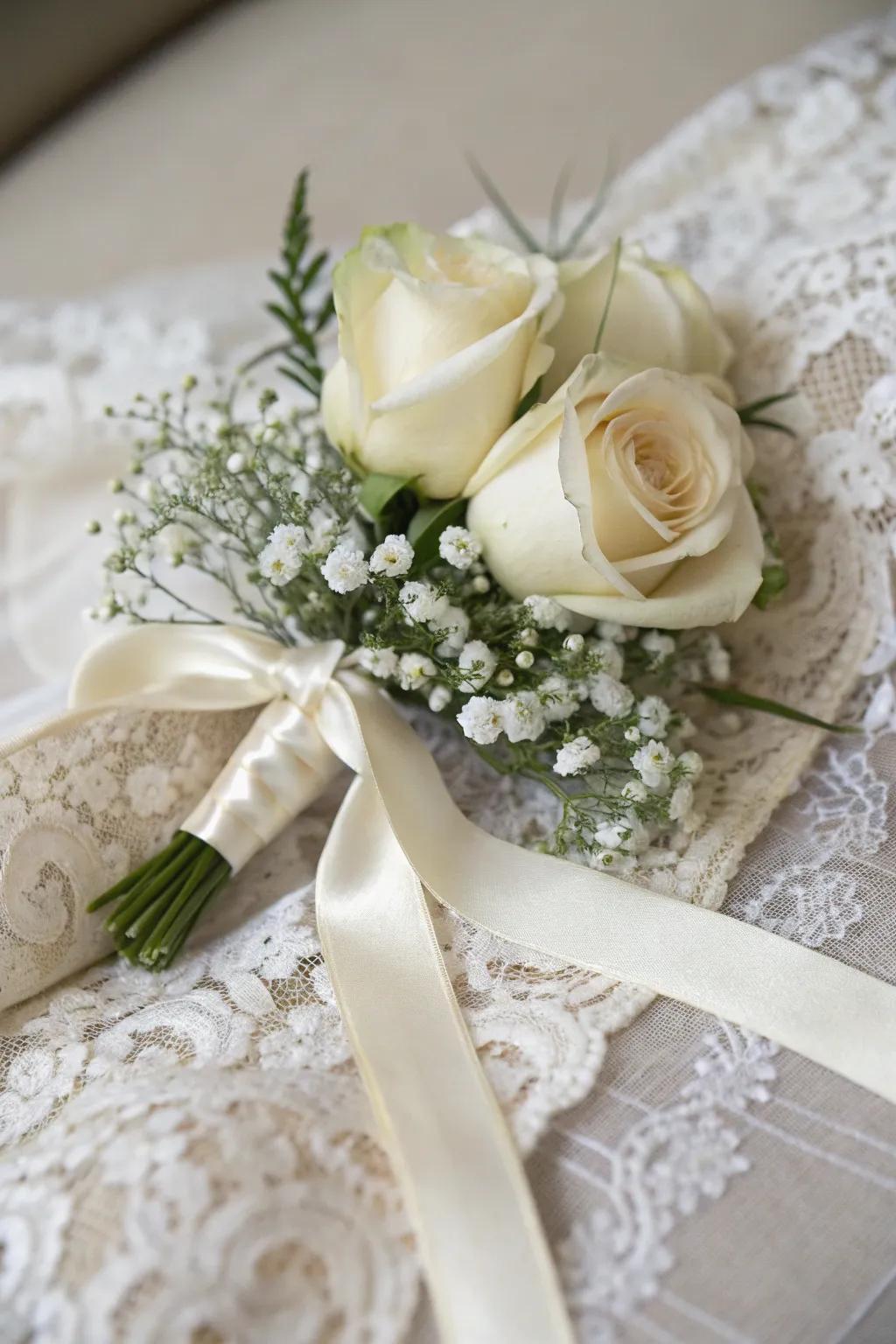 Ivory rose and baby's breath make a classic pairing.