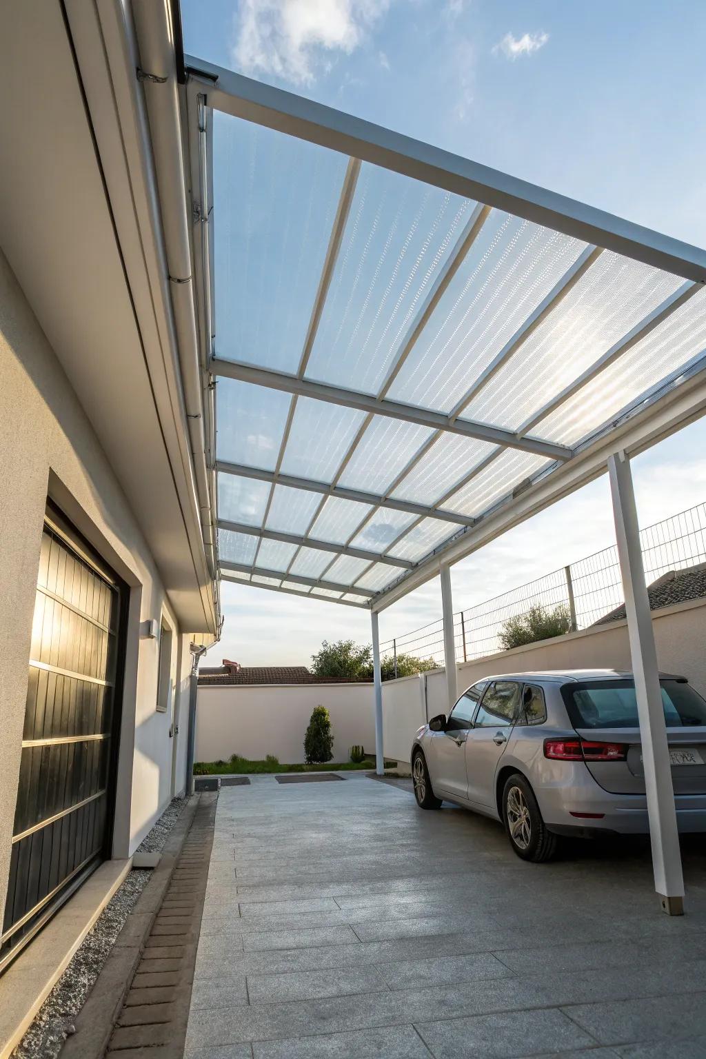 A carport with a clear roof allows natural light to filter through, providing protection and illumination.
