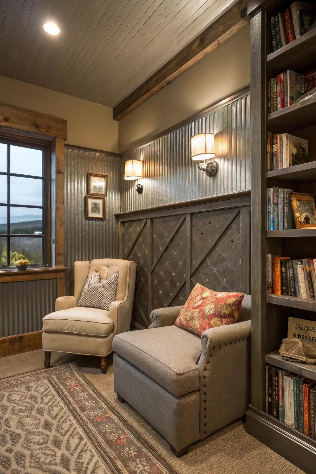 Metallic wall paneling establishes the scene for a comfortable reading retreat.