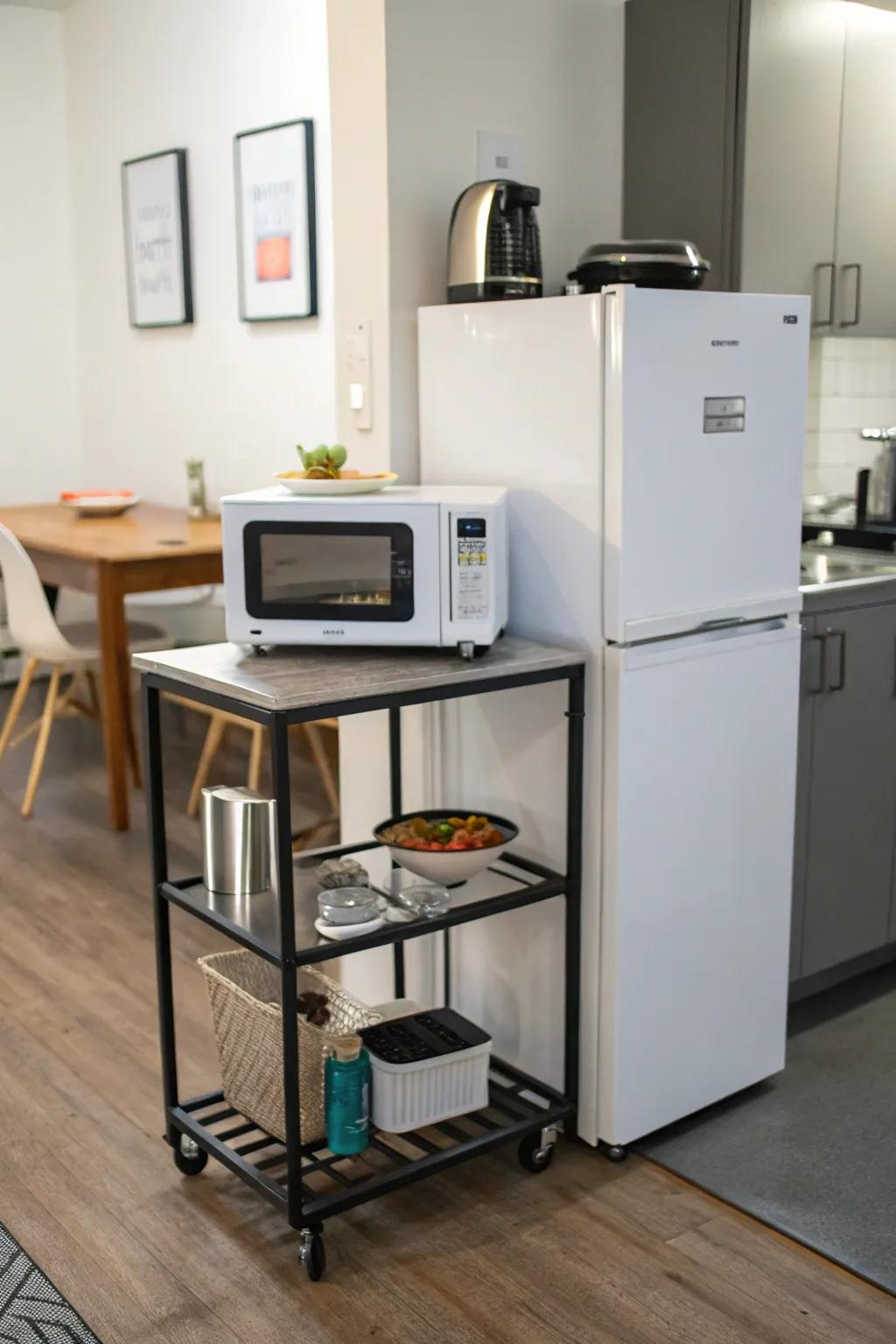 Maximize limited space using a petite microwave cart.