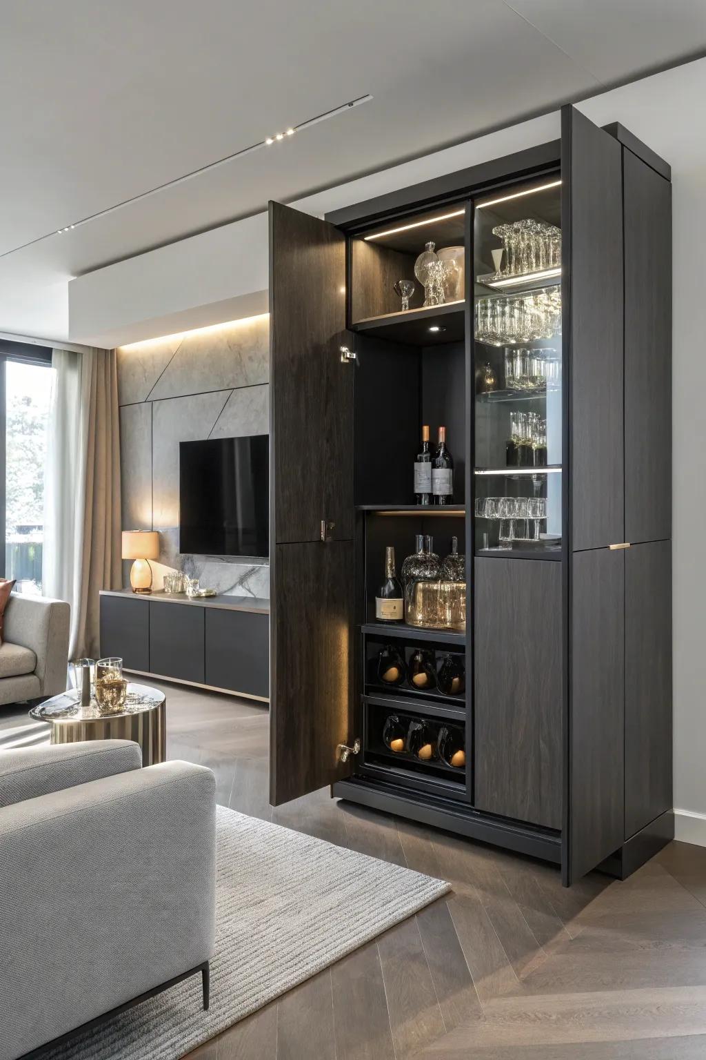 A hidden bar offers a clean and surprising element to any space.