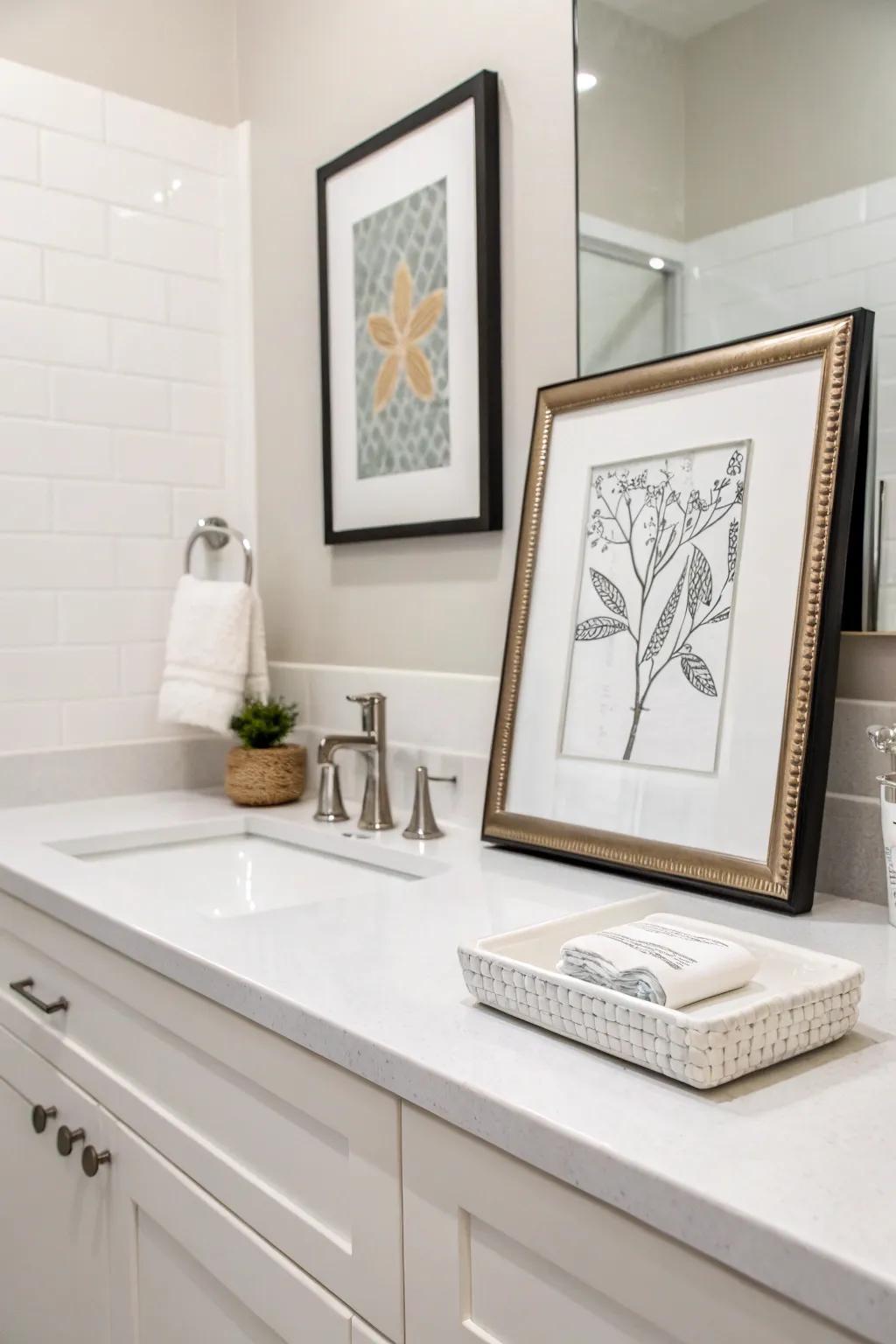 Minimal artwork contributes a personal detail to the bathroom's design.