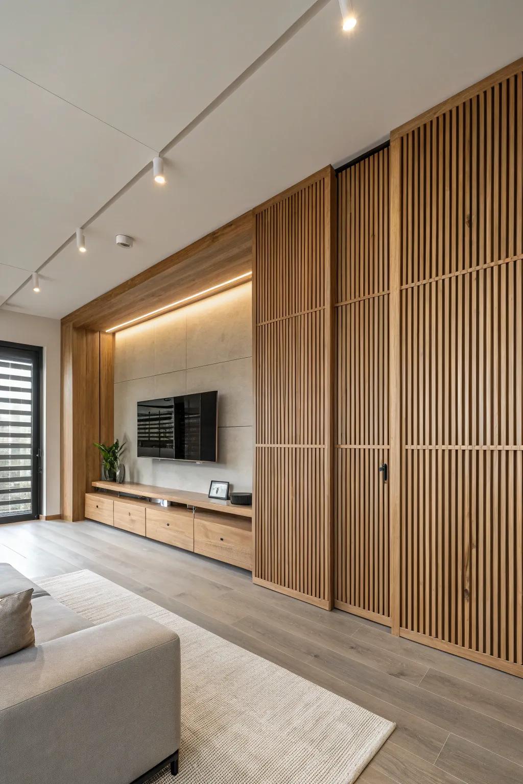 Wood panel screens contribute sophistication and texture to the minimalist scheme.